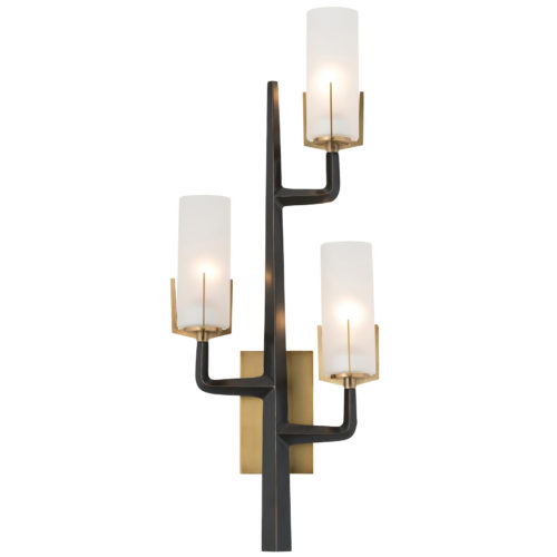 A torch for the new age, this stunning sconce is a unique option for true design enthusiasts seeking something with flair. Frosted glass shades diffuse the light, creating a soft glow that contrasts the sharp angles and bronze finish with antique brass details.