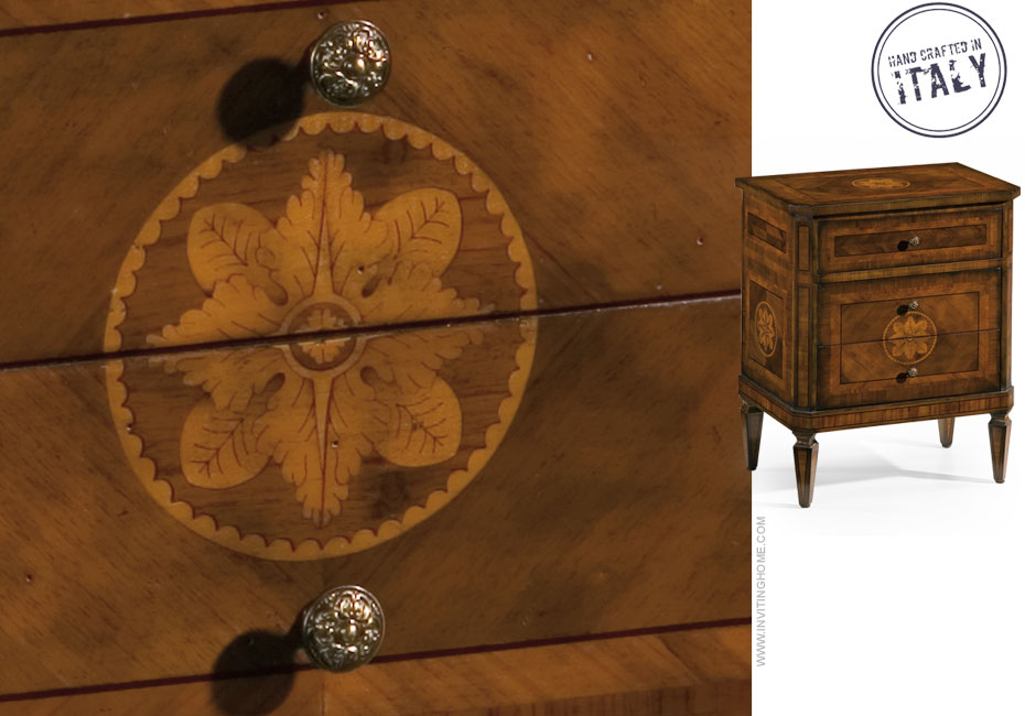 Hand-crafted Maggiolini style inlaid chest. This chest features black walnut veneer inlaid with walnut olive boxwood and rosewood. Maggiolini chest has three drawers and antique brass hardware. This inlaid chest is hand-made in Italy.