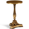 Italian Neoclassic style round carved wood table. Neoclassic table has hand-painted antiqued medium brown finish and antiqued gold-leaf accents. This occasional table is hand-crafted in Italy