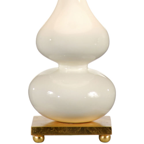 This elegant lamp is crafted from double gourd ceramic and mounted on a gold leaf base. It?s curvy silhouette is finished with a milky white glaze