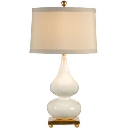 This elegant lamp is crafted from double gourd ceramic and mounted on a gold leaf base. It?s curvy silhouette is finished with a milky white glaze