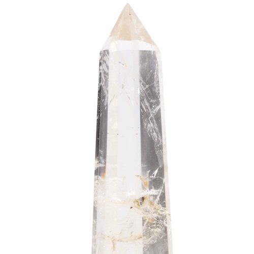 Stunning clear and purple rock crystal obelisk in polished brass setting nested atop of a black crystal base