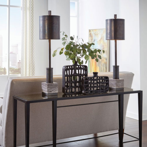 ontemporary interior decor with industrial style console table