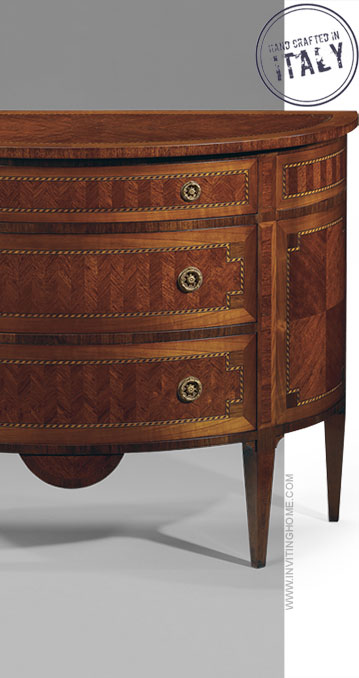 Louis XVI style inlaid half-round chests available in two sizes. Louis XVI chests have three drawer and finished in mahogany veneer inlaid with maple cherry and palissander wood. The drawers have antiqued brass hardware and varese paper lining. Th6296296is inlaid chests are hand-made in Italy.