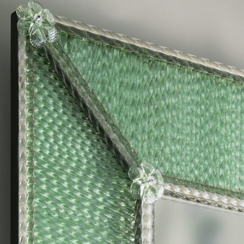 Rectangular Venetian Style Murano Glass Mirror In A Frame Made Of Clear And Pale Green Glass Ribbons With Lightly Antiqued Center Glass.