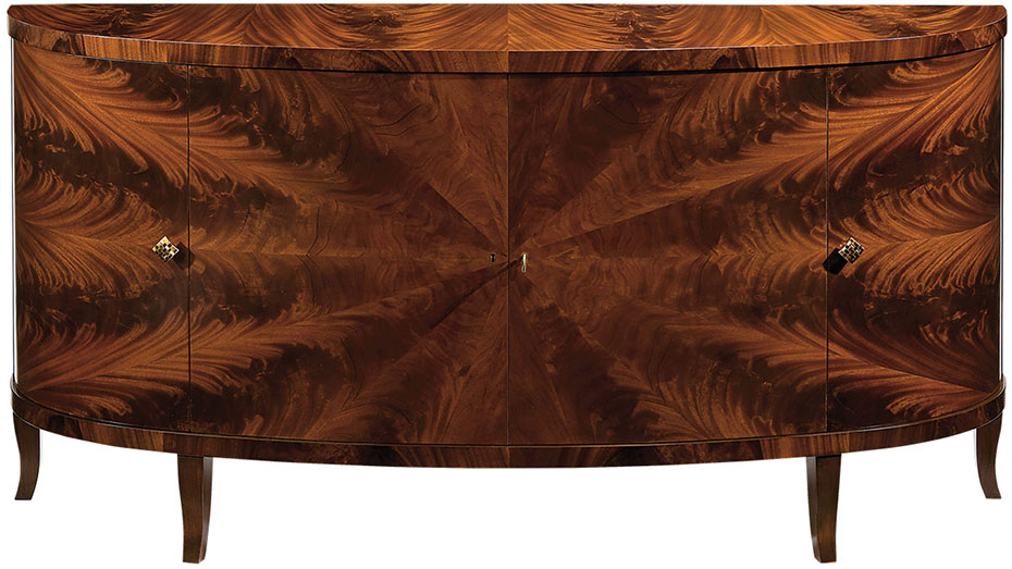 Hand-crafted inlaid demilune credenza with mahogany veneer, four curved doors. This credenza has mahogany legs, three compartments each with one shelf inside and antiqued brass hardware. This inlaid credenza is hand-made in Italy.
