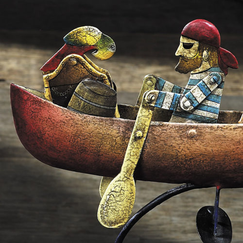 Pirate skyhook is hand-cut in recycled steel, hand painted and finished with a rich aged patina. Our Pirate will row and row and row, once set on his voyage