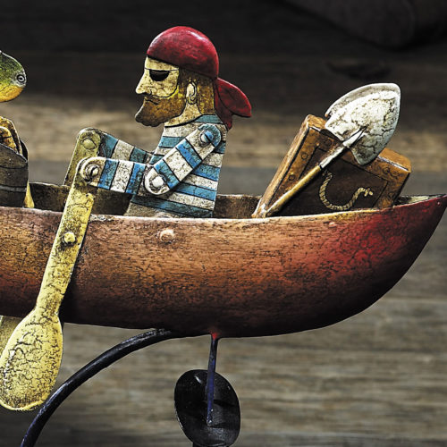 Pirate skyhook is hand-cut in recycled steel, hand painted and finished with a rich aged patina. Our Pirate will row and row and row, once set on his voyage