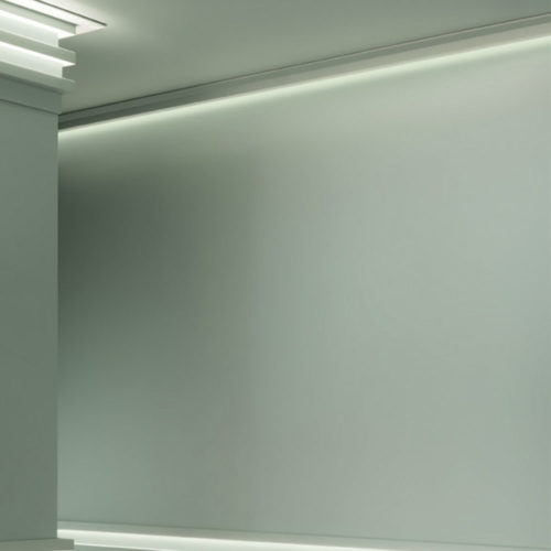 With the new modern San Francisco molding profile you can perfectly integrate indirect LED lighting into you design. This molding for indirect lighting can be used in conjunction with other profiles from this collection to create a sophisticated linear pattern of light and shadow