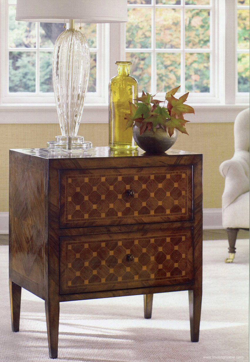 Hand-crafted Neoclassic style two drawer chest. Neoclassic chest features walnut veneer inlaid with walnut and maple in antique walnut finish. This Neoclassical chest has antiqued brass locks and keys. This inlaid chest is hand-made in Italy.