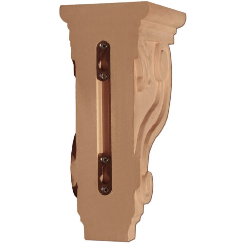 Arizona hardwood corbels feature a classic acanthus leaf design on the front with rising leaf scroll on the lower part