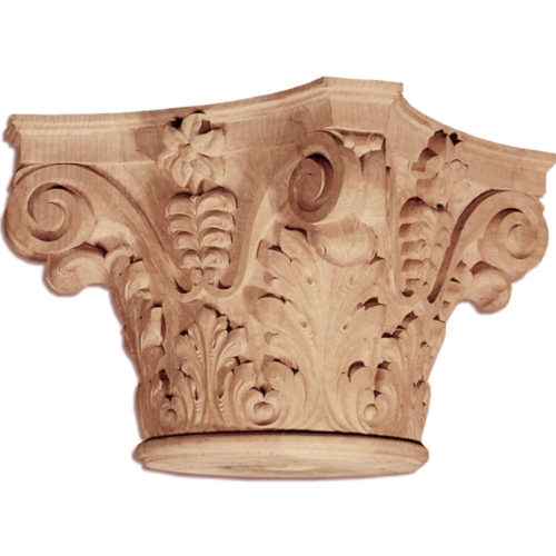 Austin wood capitals are carved in a deep relief with rising acanthus leaf and scrolling