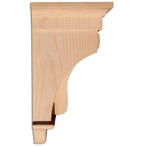 Texas wood corbels feature Mission style design with double recessed panels and deep fluting on the curved front.