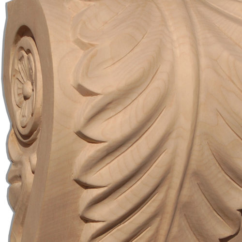 Irvine wood corbels are carved in a deep relief with classic acanthus leaf design. On the sides corbel has a graceful scrolls with rosette centers and leaf design