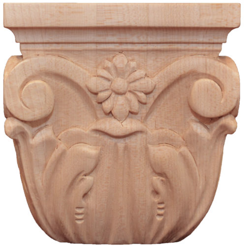 Monroe wood capitals are carved in a deep relief with rising acanthus leaf, scrolls and flower motif