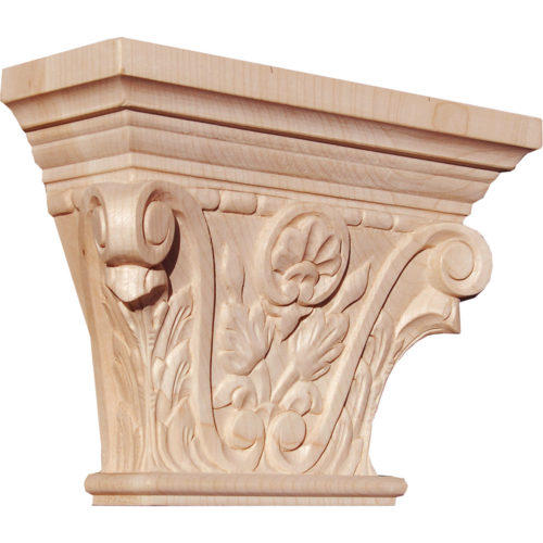 Boston hand-carved wood capital are carved in a deep relief with rising acanthus leaf, scrolls, and beading along a crown of the capital