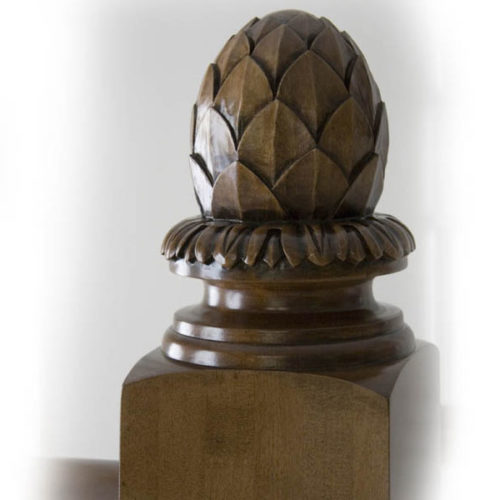 Newel finials are carved in a deep relief with traditional design. Finials for newels top are hand carved from premium selected hardwood