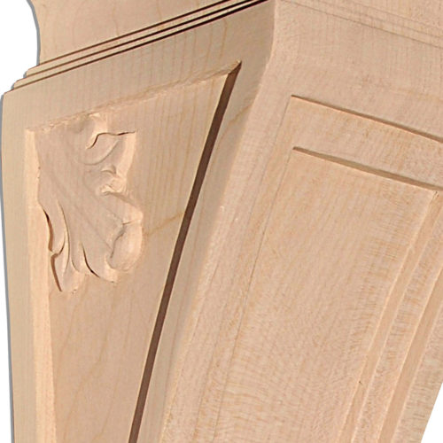 Tallahassee concave wood corbels design features curved-in recessed paneled front. Elegant leaf carved on the upper corner on both sides of the corbels