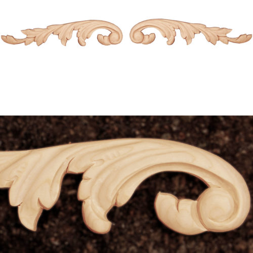 Manchester scroll wood onlays are hand carved from premium selected maple, white oak and cherry. Wood onlays feature carved in deep relief scrolled leaf design