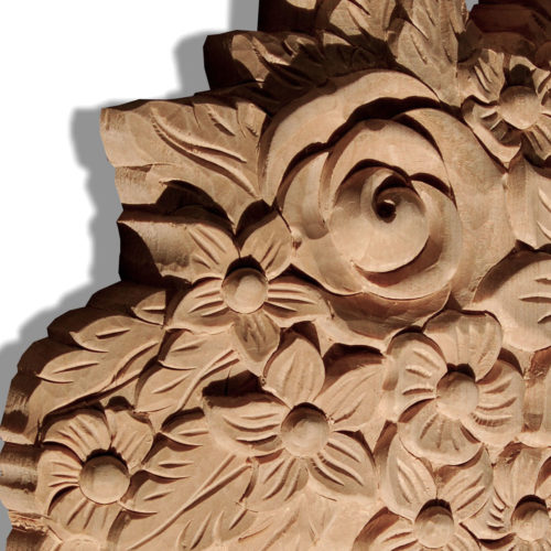 Santa Ana hand-carved wood basket with flowers is available in maple, cherry and white oak. Wood carving features carved in deep relief flower basket filled with beautiful flowers