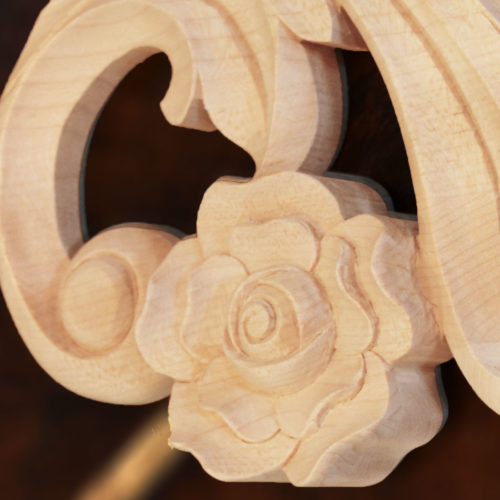 Goleta carved wood scrolls are hand crafted from premium selected hard maple. Wood carvings feature carved in deep relief flowers with elegant leaf scrolls