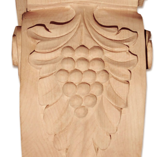 Modesto hardwood corbels have a beautiful carved in a deep relief design featuring grape cluster and leaf motif