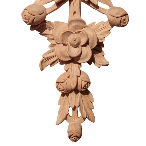 Richland floral drop wood carving is hand carved from premium selected white hardwood. Wood carving features carved in deep relief flowers with gracefully tied ribbon design