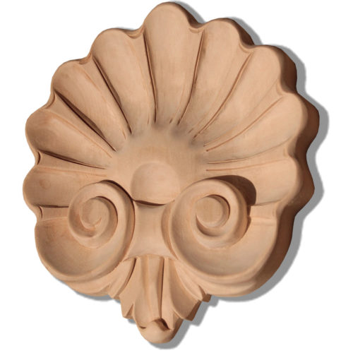 Fresno carved wood shell is hand-carved from premium selected white hardwood. Wood carving features carved in deep relief shell design with elegant scrolls
