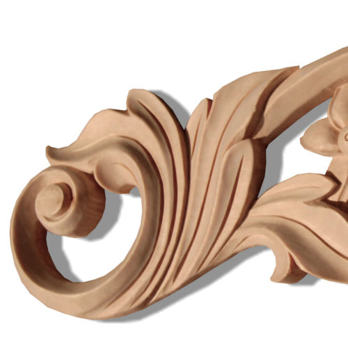 Oxnard carved wood scrolls are hand crafted from premium selected white hardwood. Wood carvings feature carved in deep relief flowers with elegant leaf scrolls. White hardwood has an exceptional stain acceptance qualities
