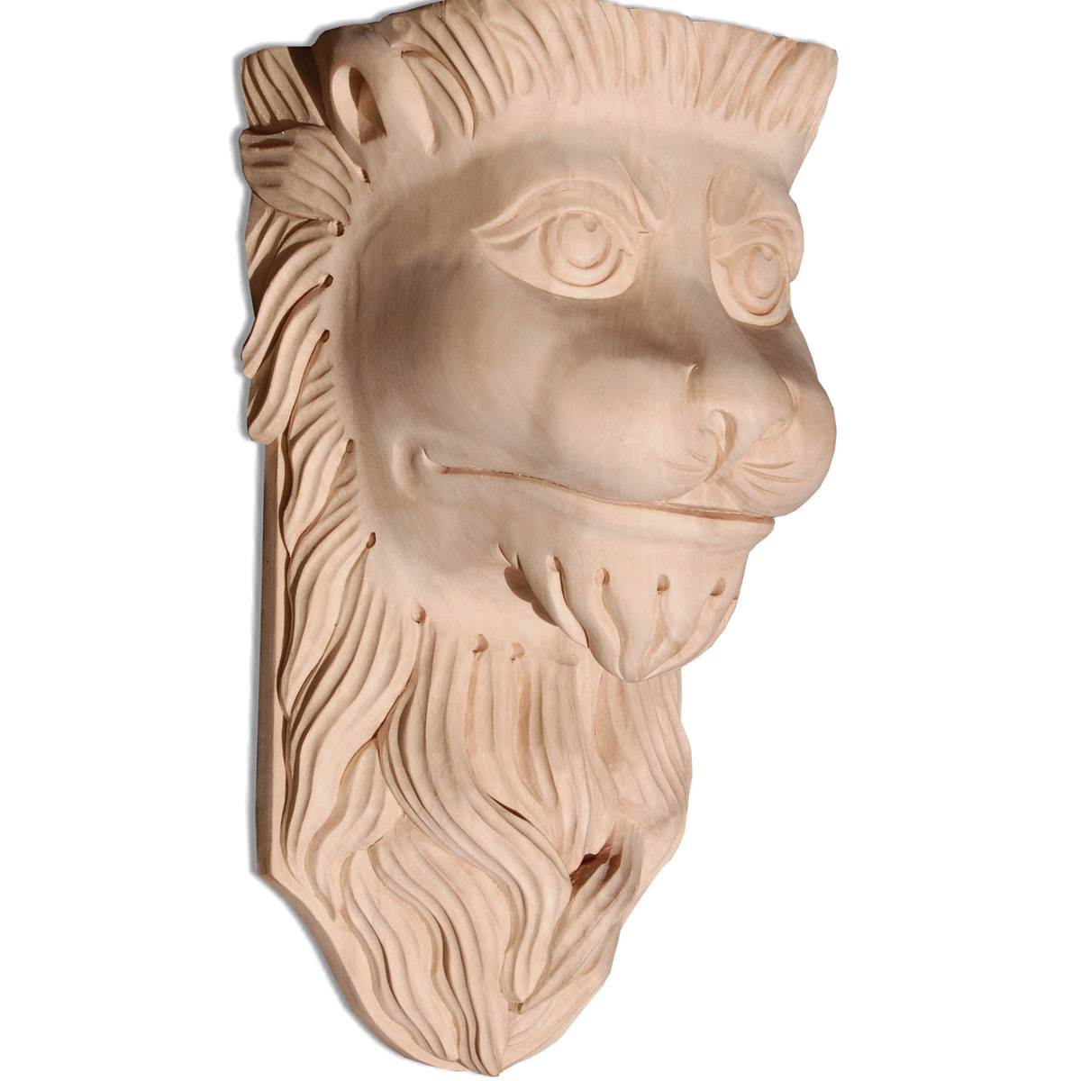 PAIR NARROW LION FACE SCROLL CORBEL BRACKETS ARCHITECTURAL ACCENT WOOD STAINED 