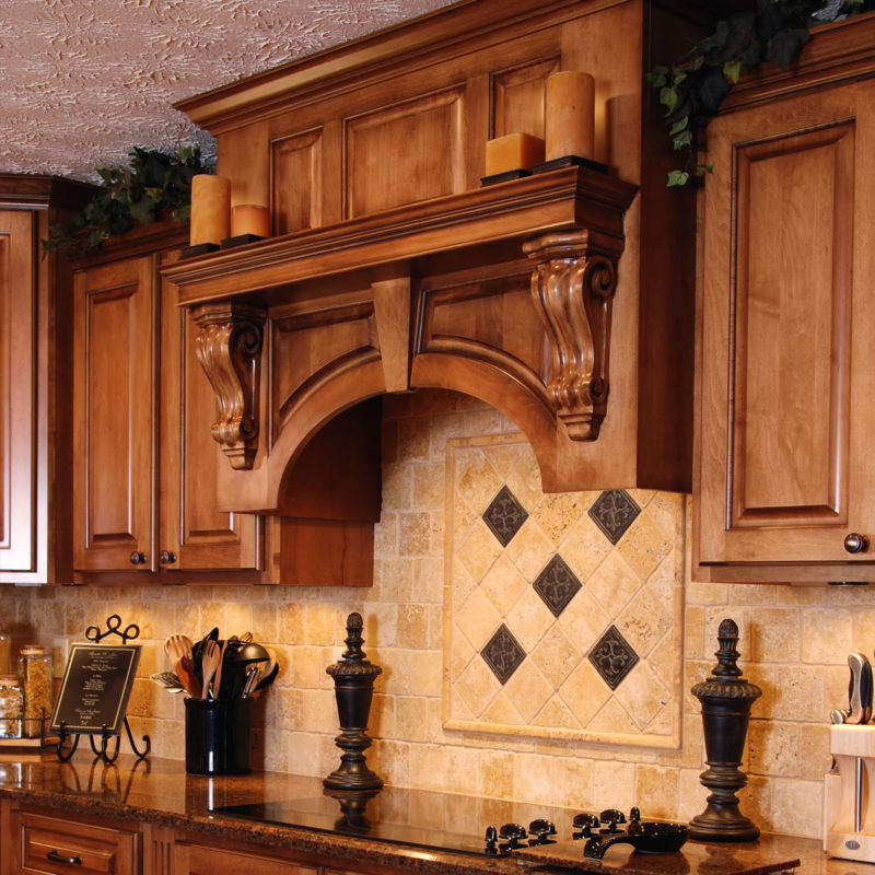 kitchen design with carved wood corbels; kitchen design ideas