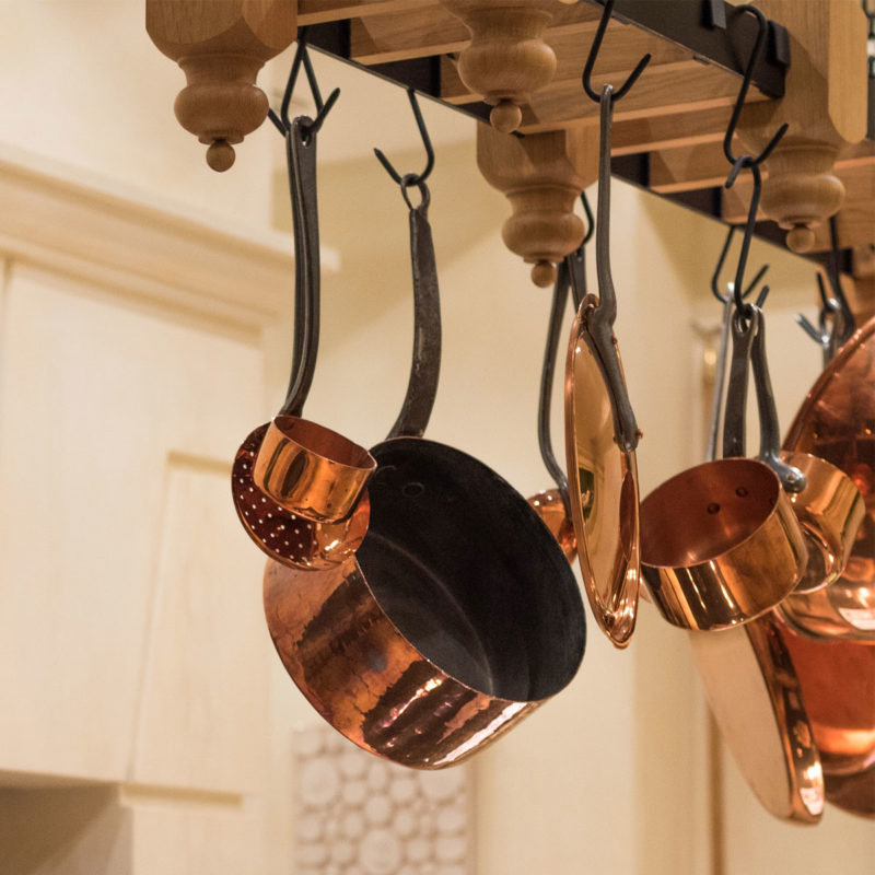 hanging copper pots and pans; kitchen design ideas; kitchen decor inspiration