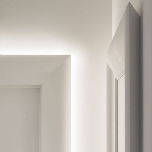 Suncoast molding shown installed as a door trim with and without LED lighting; modern door trim and lighting ideas