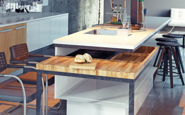 modern kitchen design with unique eat-in counter design; ; kitchen design ideas; kitchen decor inspiration