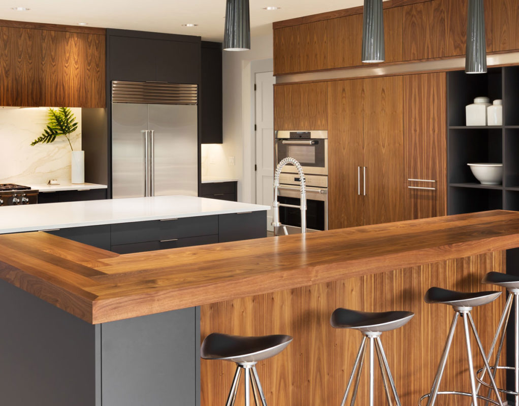 modern kitchen with wooden counter; kitchen design ideas; kitchen decorating inspiration