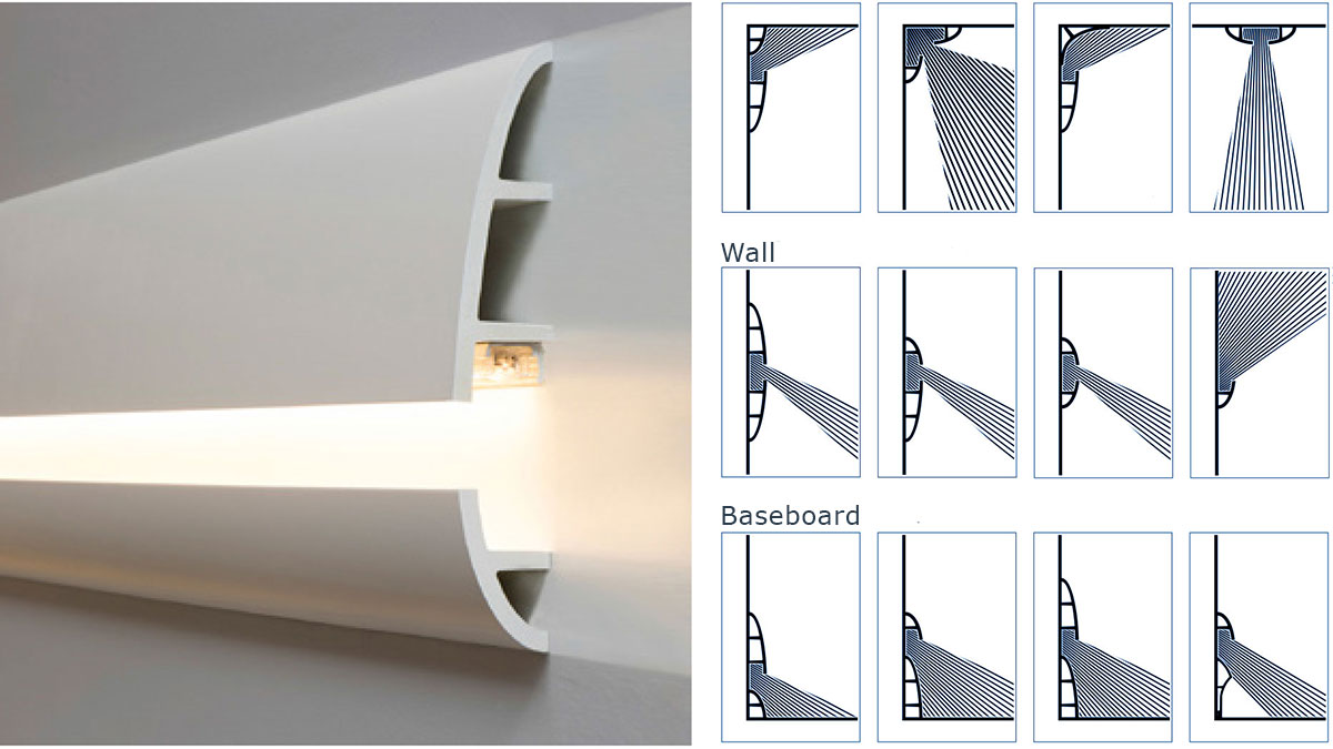 Manufactured to easily accept LED lighting, Calabasas molding yields even and balanced light dispersion