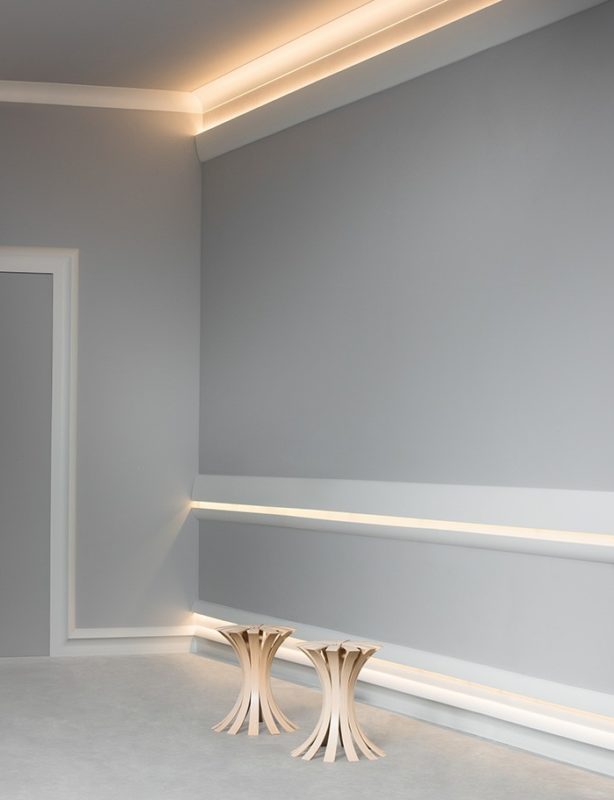 cool application of Calabasas moldings as chair rail, above the baseboard and as cornice for indirect lighting, highlighting Belvedere cove molding; cool molding desigh ideas
