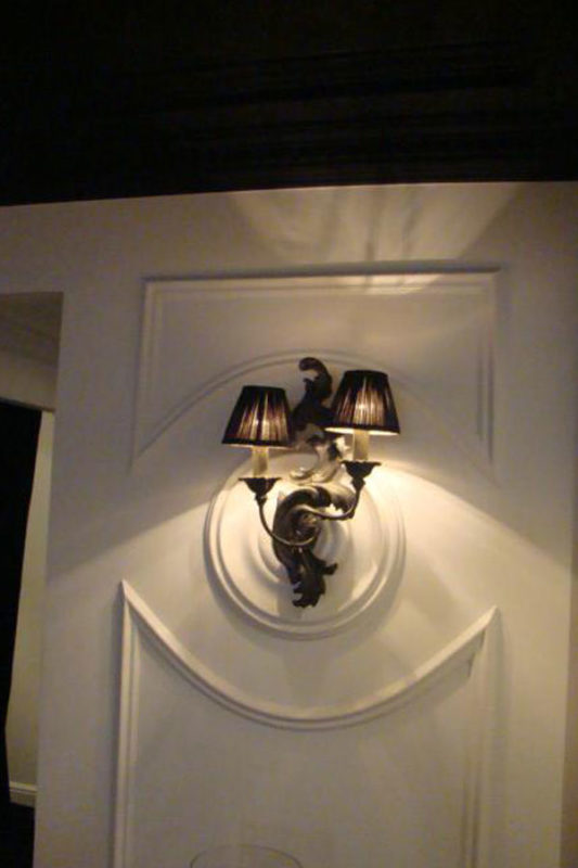 wall decor fit flexible panel molding, medallion and wall sconce; molding details; wall trim ideas
