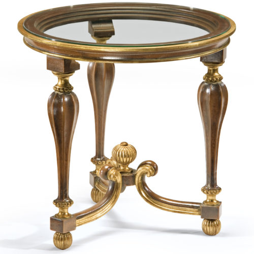 Scottish style round carved wood table with glass top. Occasional table has hand-painted antique medium brown finish with antique gold-leaf accents. This table is made with thick glass top. Scottish style table is hand-crafted in Italy