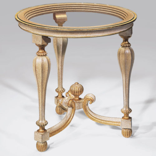 Scottish style round wood table with glass top. Occasional table has hand-painted antique ivory finish with antique gold-leaf accents. This table is made with thick glass top. Scottish style table is hand-crafted in Italy