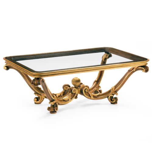 Carved wood coffee table with 5/16" glass top. Tuscan style coffee table hand-painted in medium brown finish with antique gold-leaf trim. This coffee table is hand-made in Italy