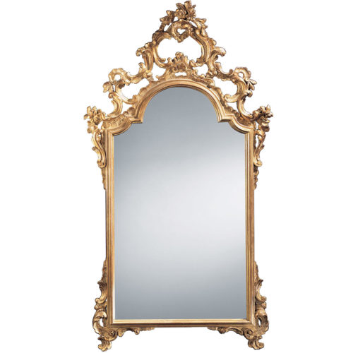 This elegant carved wood mirror is hand crafted in 18th century Italian style. Decorative wall mirror has floral design with graceful scrolls. Mirror has an antiqued gold leaf finish. This mirror is hand-crafted in Italy