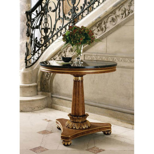 Home entry decor featuring Biedermeier style table with black Marquina marble top; available at InvitingHome.com