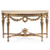 Louis XVI style carved wood console table with floral garland motif. Louis XVI console table has antiqued gold-leaf finish and Estremoz marble top with curved beveled edge. This console table is hand made in Italy