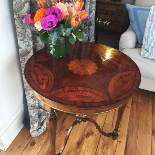 room decor with English style accent table inlaid with walnut, olive burl and boxwood