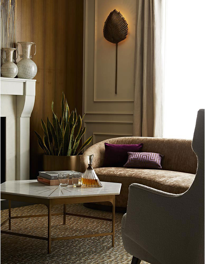 Luxury living room decor featuring elegant contemporary furniture and lighting. Interior design and decorating ideas