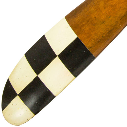 Barnstormer broad bladed propeller tapering to solid center; hand-crafted from solid pine wood in French distressed honey finish, tips are painted in contrasting colors;