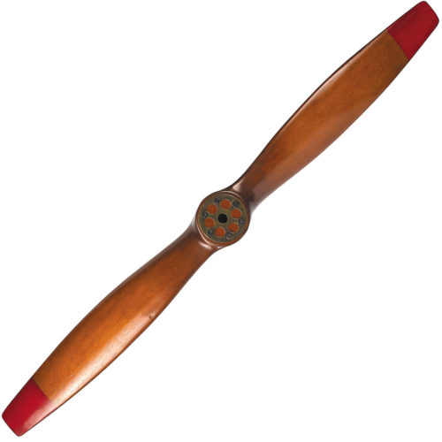 Small hand-made replica of WWI propeller. This propeller made of solid wood, center brass disc has an antique French finish.