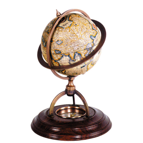 Classic globes without a matching compass were considered incomplete. Our wonderfully constructed bronze and wood stand with paper globe includes true reproduction of 17th C. "dry" compass.