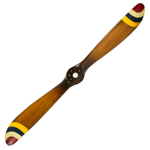 Barnstormer broad bladed propeller tapering to solid center; hand-crafted from solid pine wood in French distressed honey finish, tips are painted in contrasting colors;